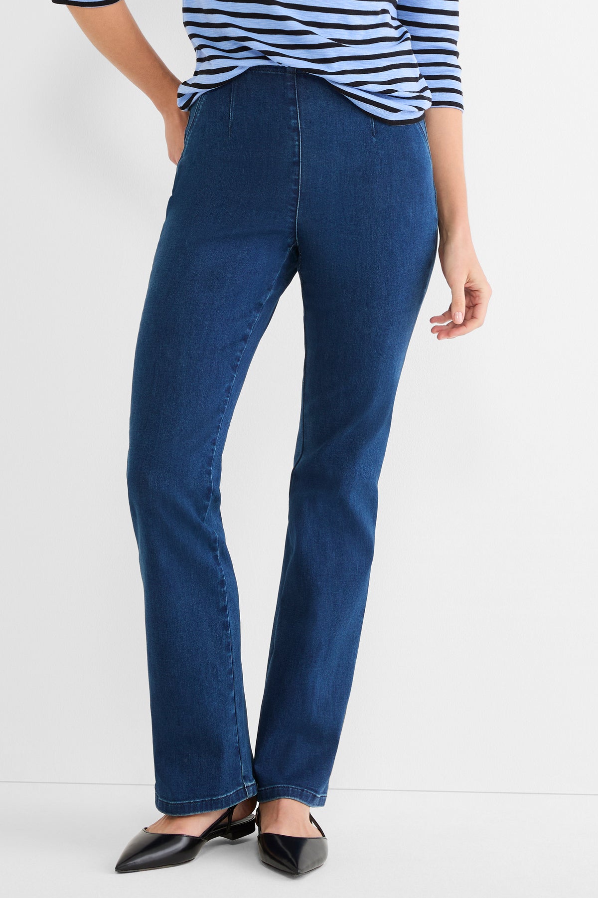 Dark wash denim pants feature a smooth pull-on high waist and a flattering straight leg fit.