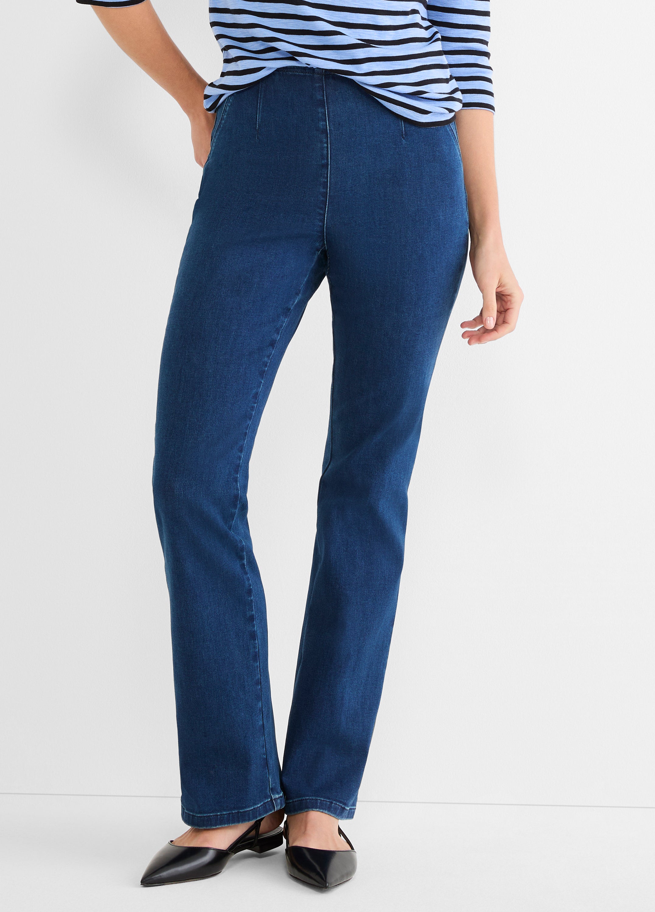 Dark wash denim pants feature a smooth pull-on high waist and a flattering straight leg fit.