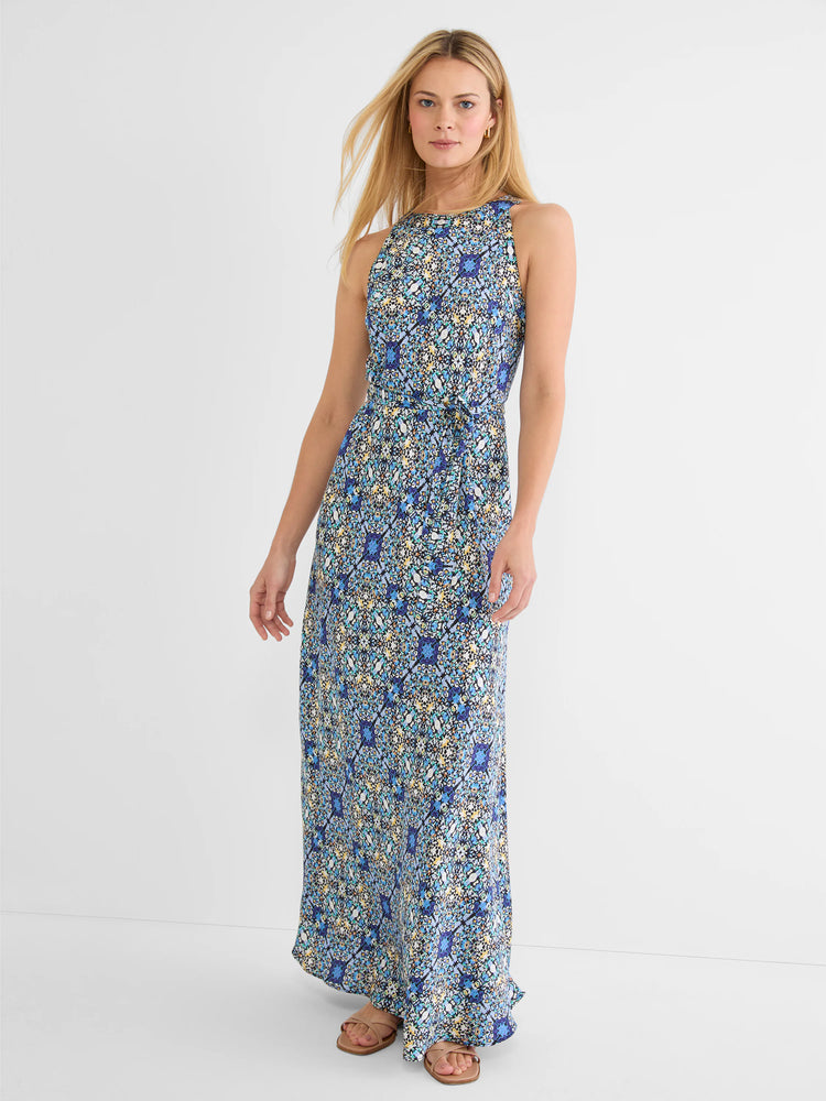 Blue, white, green, yellow filigree tile print sleeveless maxi dress with tie waist.