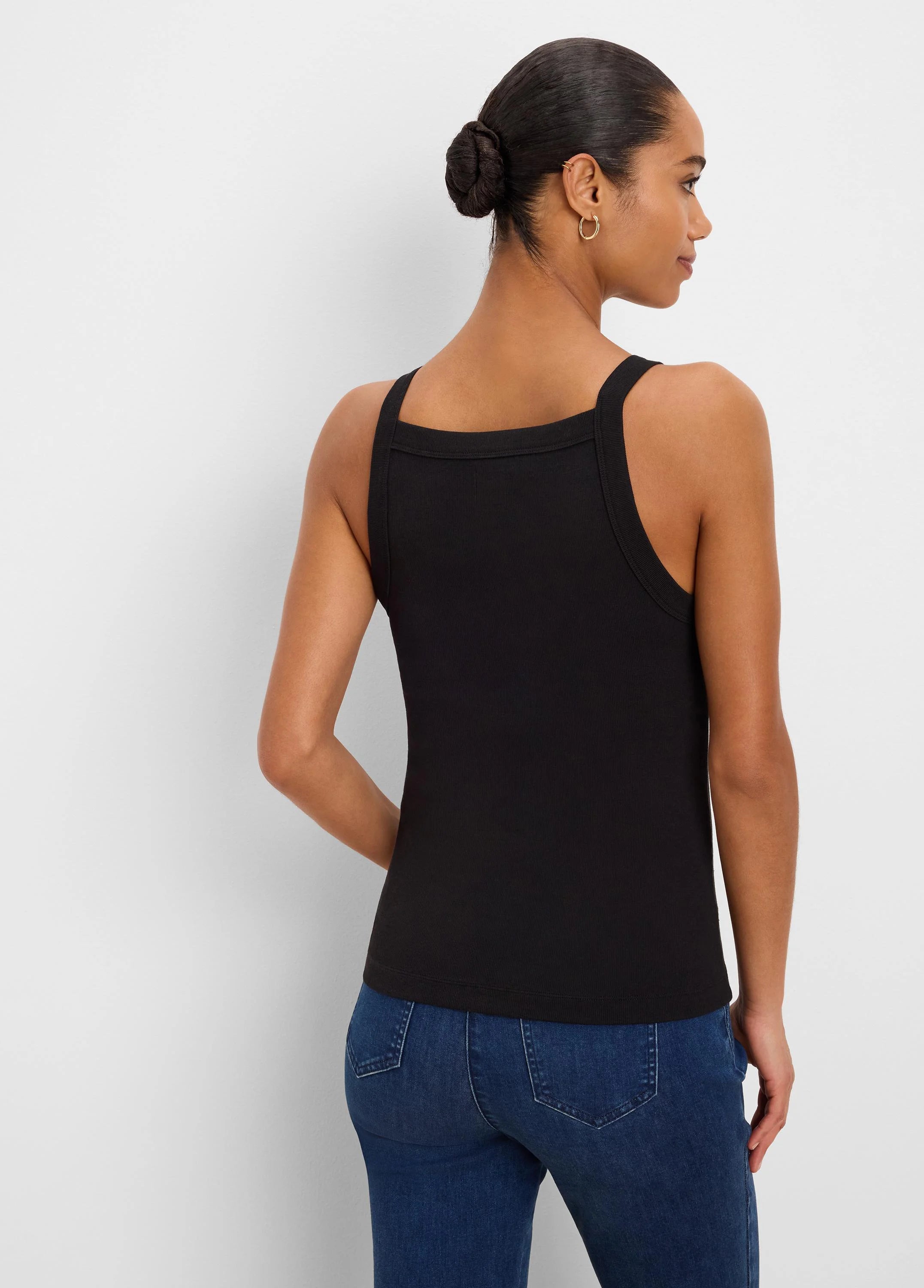 Fitted black ribbed square neck tank top with wide straps, back view.