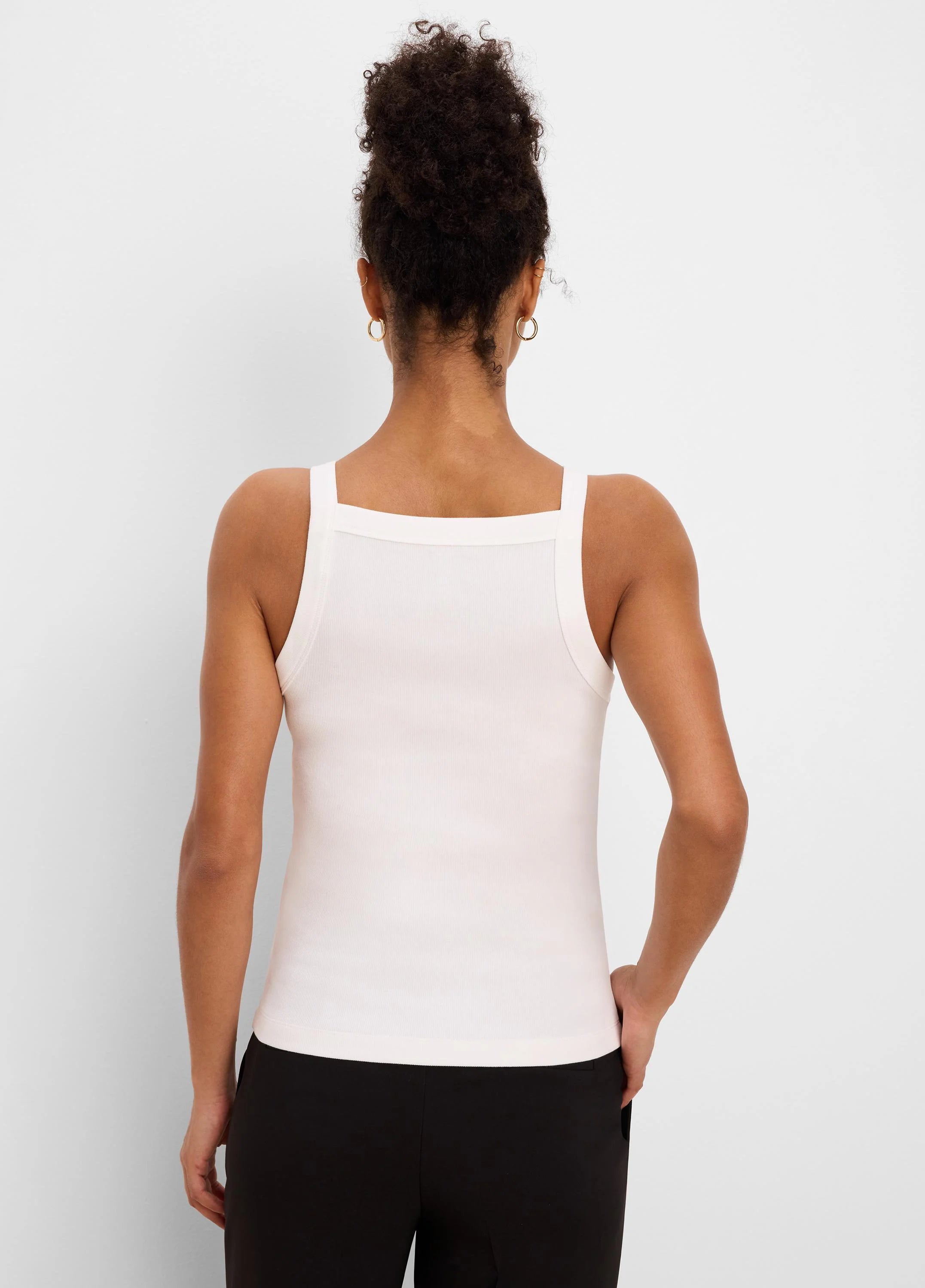 Pale cream ribbed tank top, square back neckline with wide straps, shown from the back.