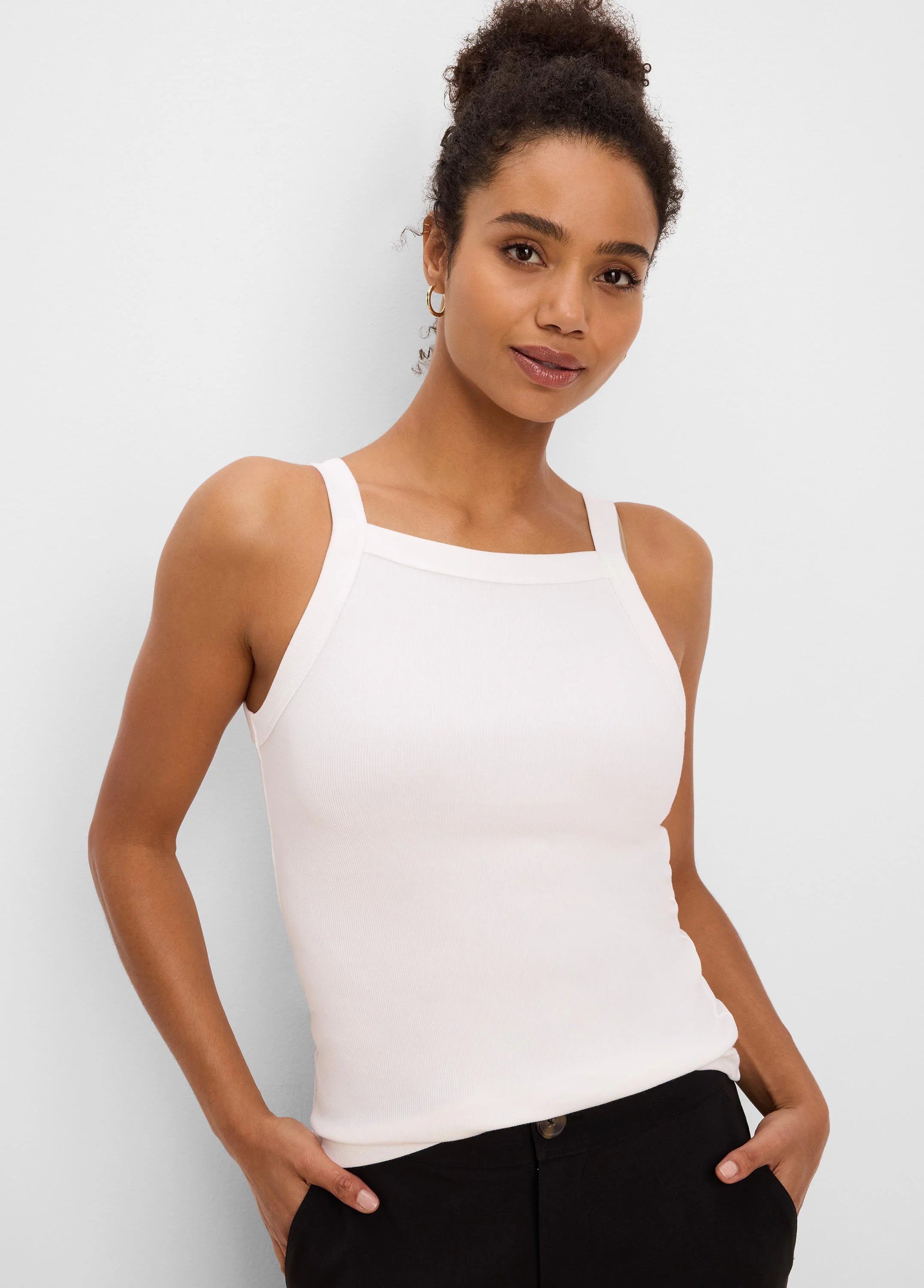 Off-white ribbed tank with a square neck, wide straps, and a form-fitting silhouette.