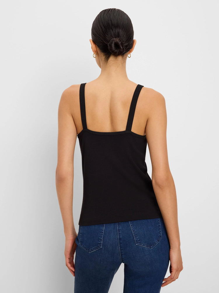 Black ribbed tank top, back view. Features wide shoulder straps and a square back neckline.