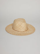 Natural straw rancher hat with a wide brim and a gold-colored chain band around the crown.