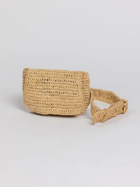 Natural tan woven straw belt bag. Features a rectangular pouch and a matching belt with a small gold buckle.