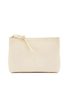 Small, rectangular cream leather zipper case with a top gold-tone zipper and knotted pull tab.