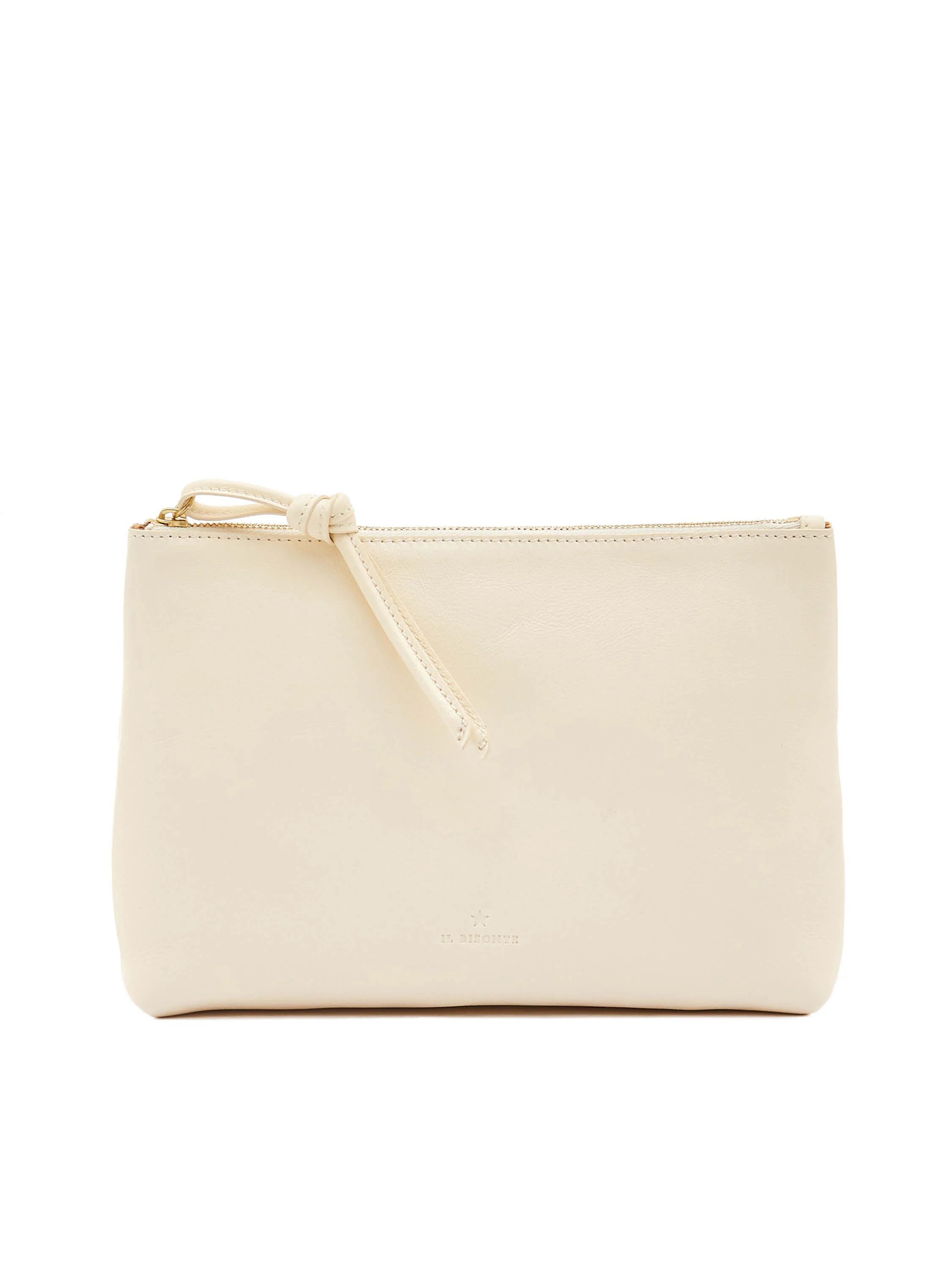 Small, rectangular cream leather zipper case with a top gold-tone zipper and knotted pull tab.
