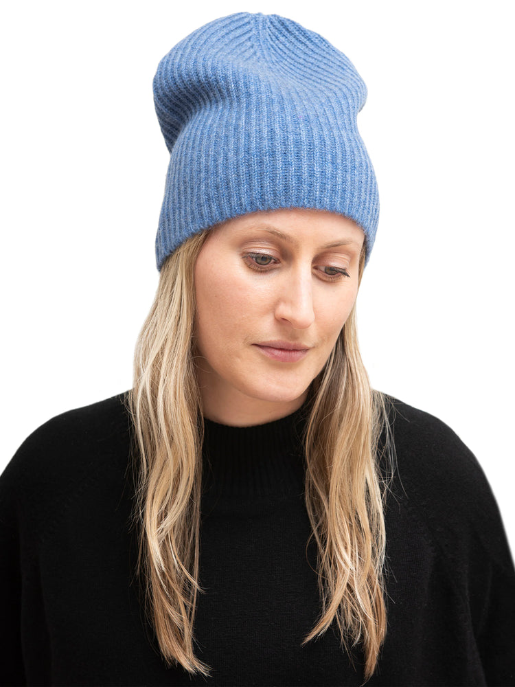 Solid light blue ribbed knit ski hat.