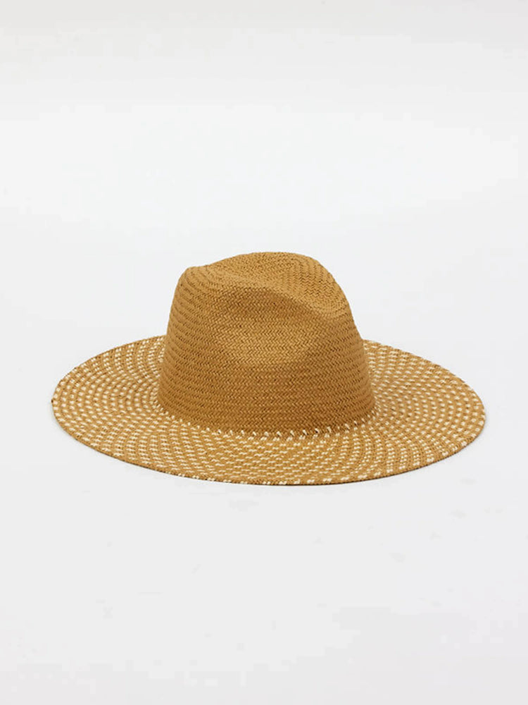Tan woven straw continental hat with a wide brim. The crown is solid tan, and the brim has a lighter, open dotted weave...