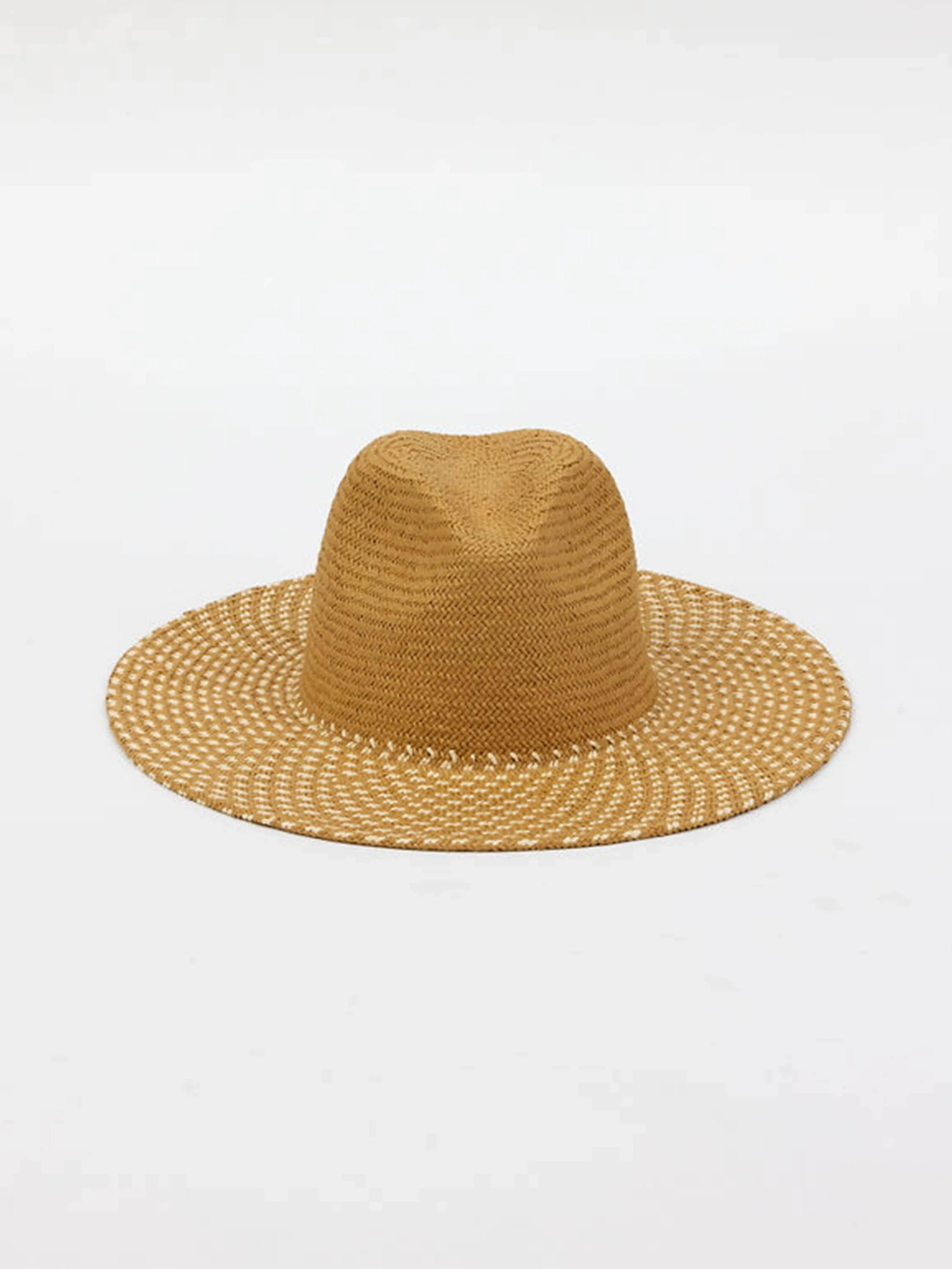 Beige continental hat with white woven accents.  Wide brim.