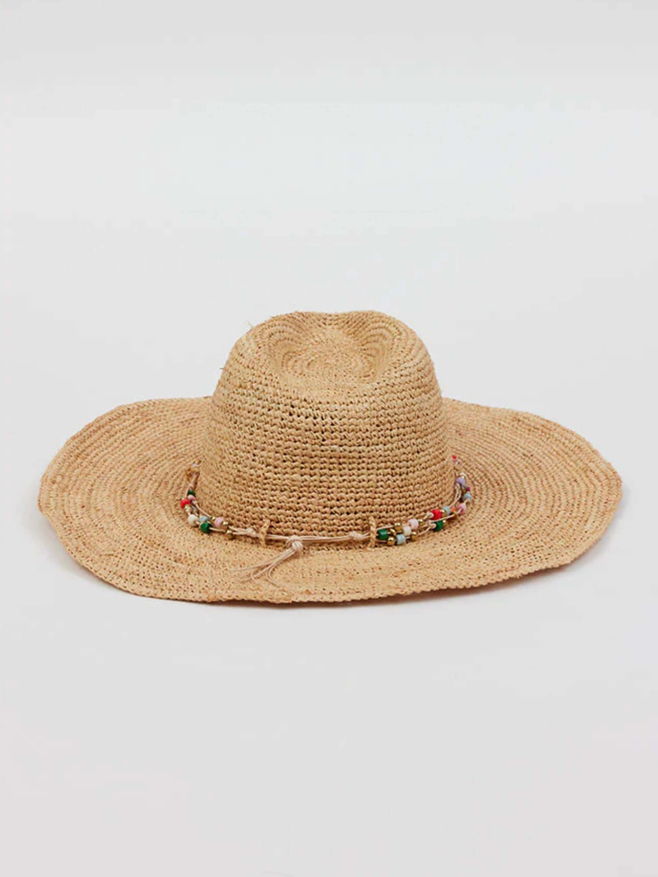 Wide-brimmed tan straw hat with an indented crown. A natural cord with colorful red, green, gold, blue, pink beads...