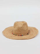 Light brown woven straw hat with a wide, floppy brim and a multicolored beaded band around its crown.