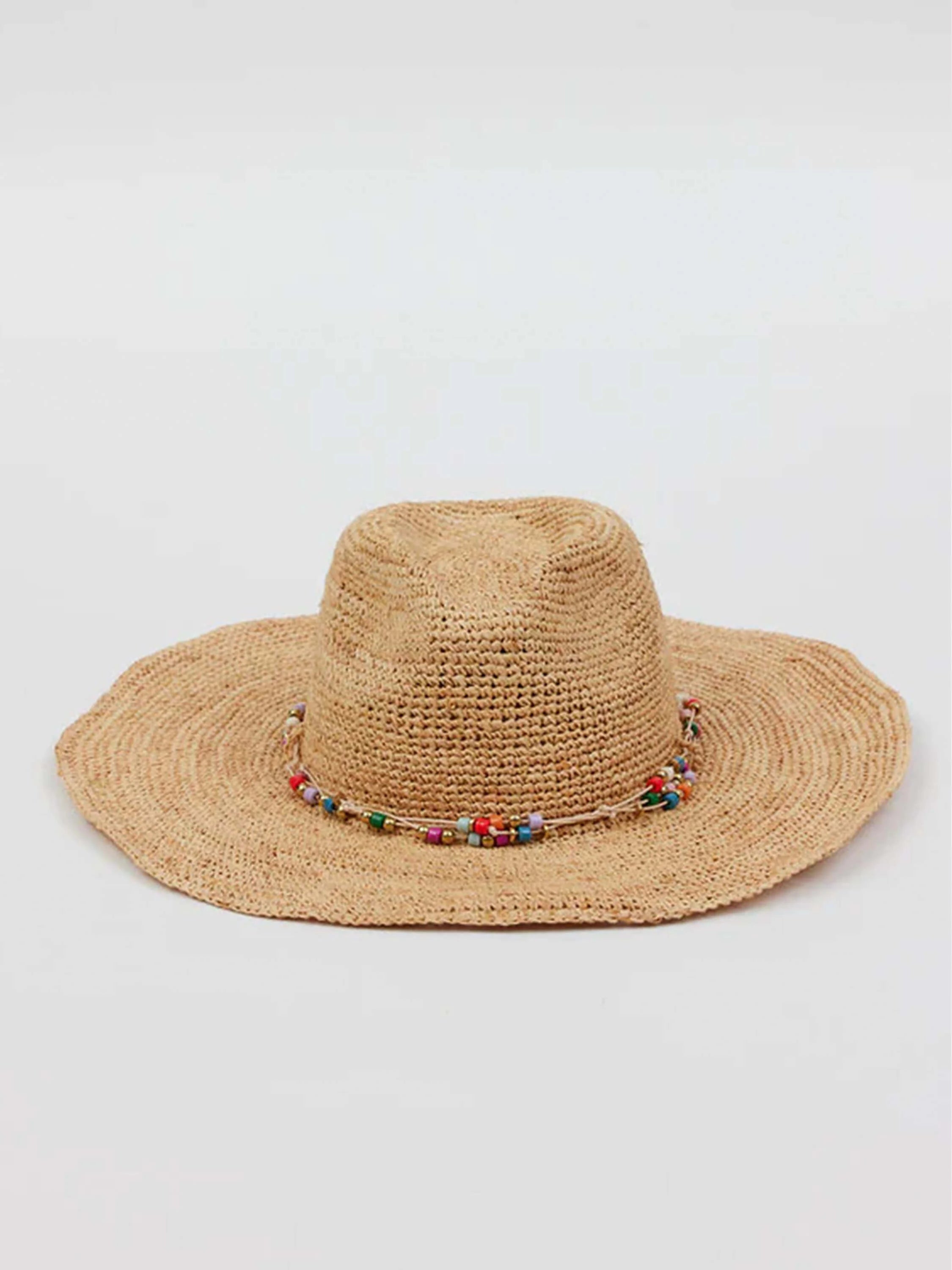 Light brown woven straw hat with a wide, floppy brim and a multicolored beaded band around its crown.