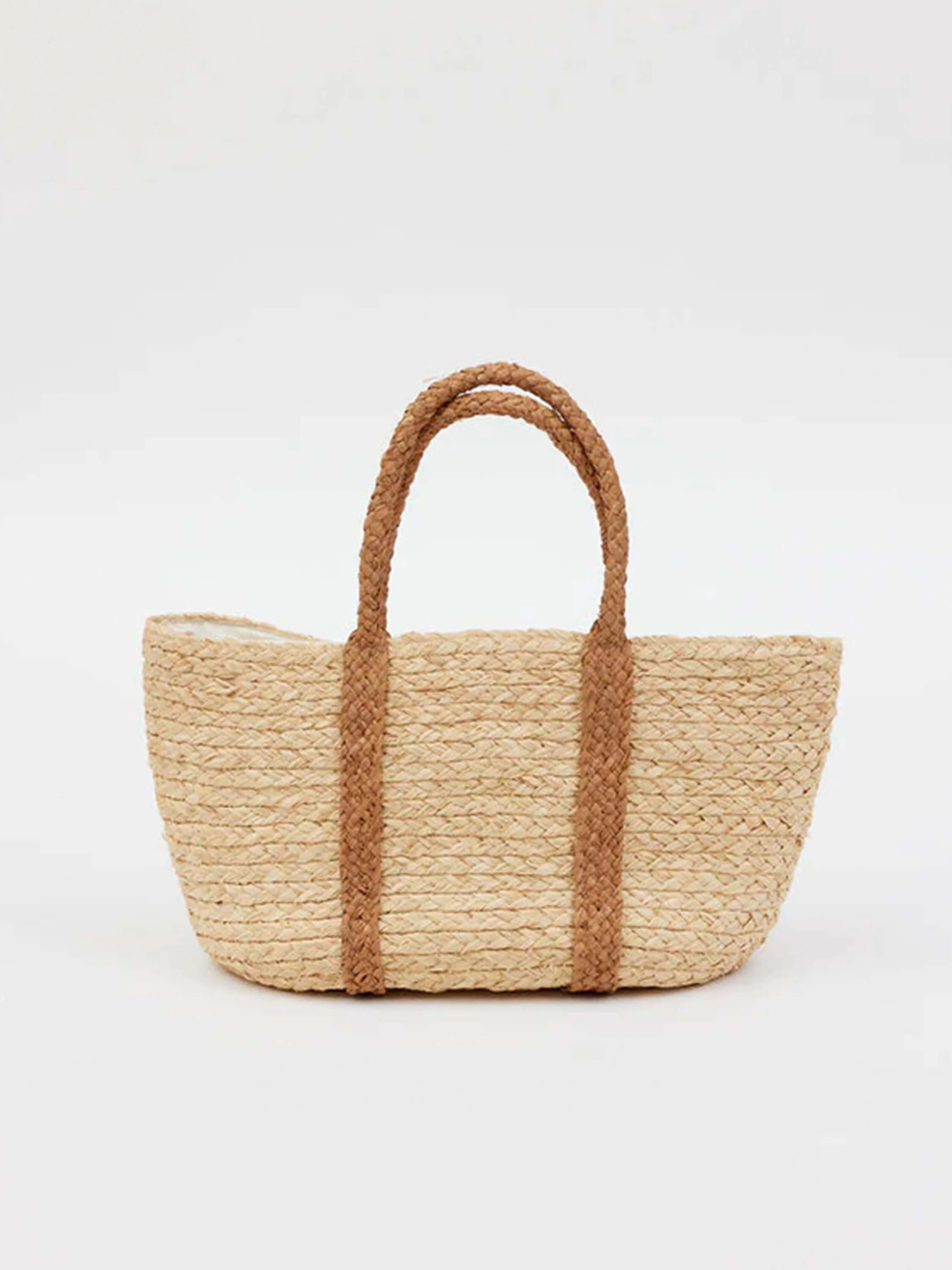Beige woven handbag with darker beige braided handles and vertical accents.