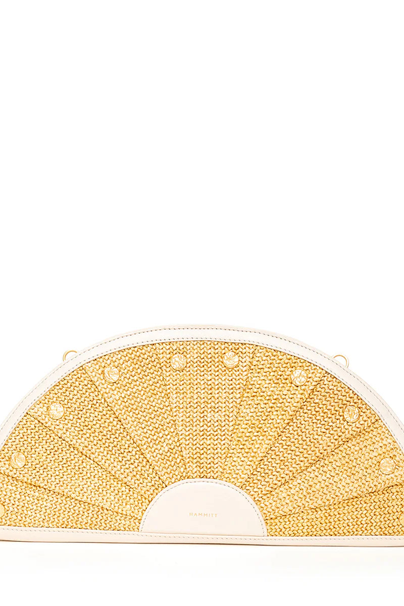Semi-circular clutch with golden woven fan pattern, cream trim, and multiple round gold studs.