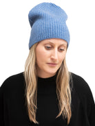 Light blue ribbed cashmere beanie.  Slouchy style.