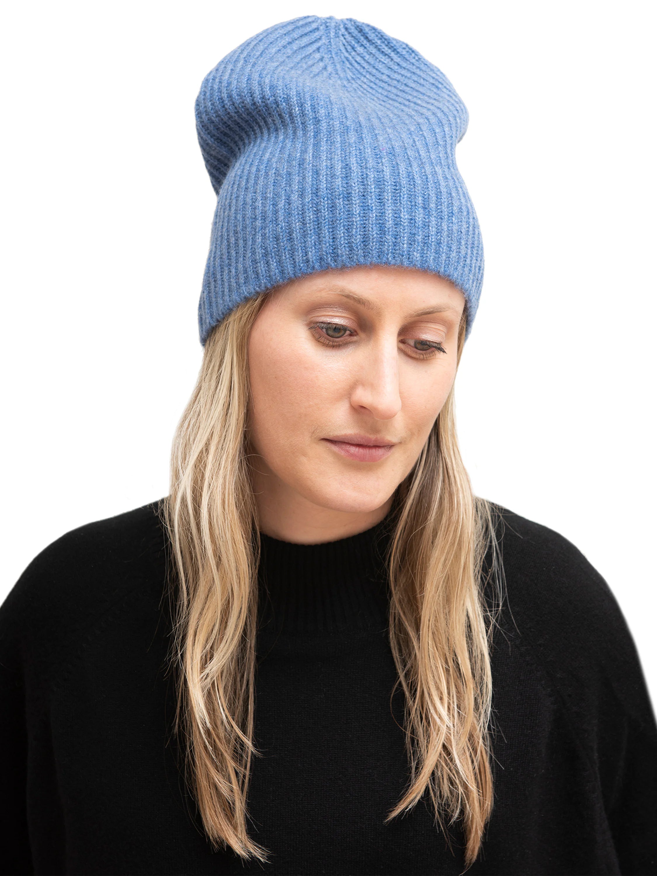 Light blue ribbed cashmere beanie.  Slouchy style.
