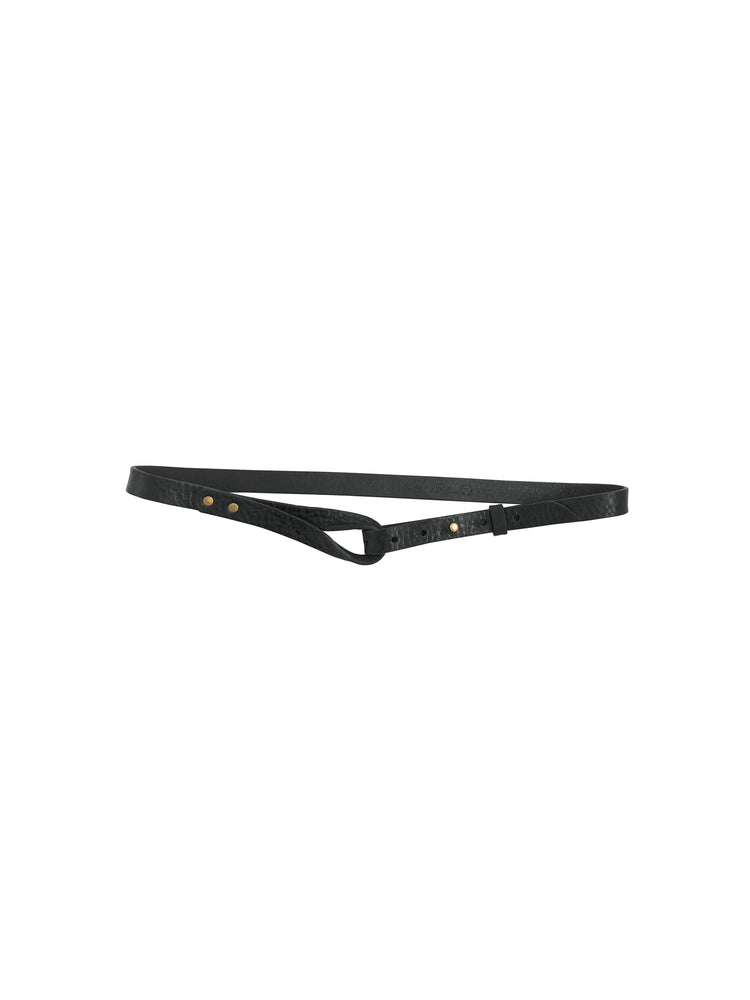 Slim black textured leather belt with a unique loop and gold stud fastening.