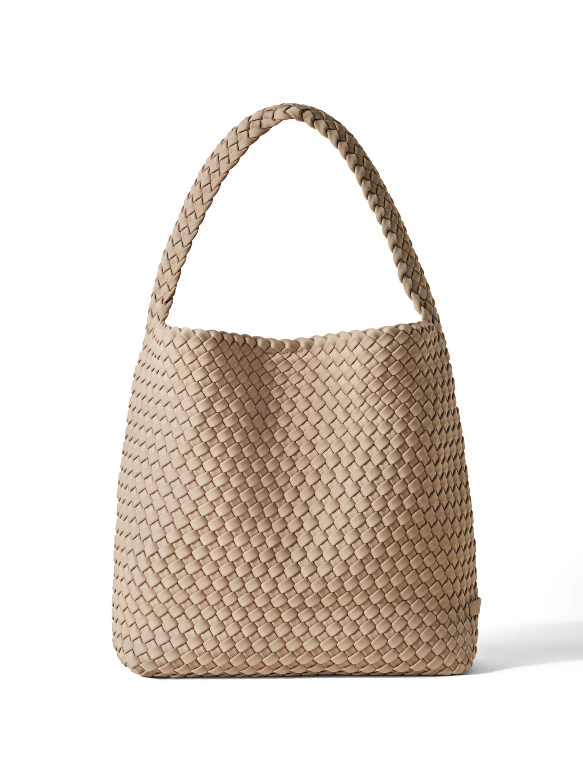Light beige medium hobo bag with an all-over woven texture and a single braided handle.