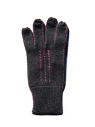 Charcoal cashmere glove with fuchsia dashed stitching on fingers & hand, ribbed cuff.