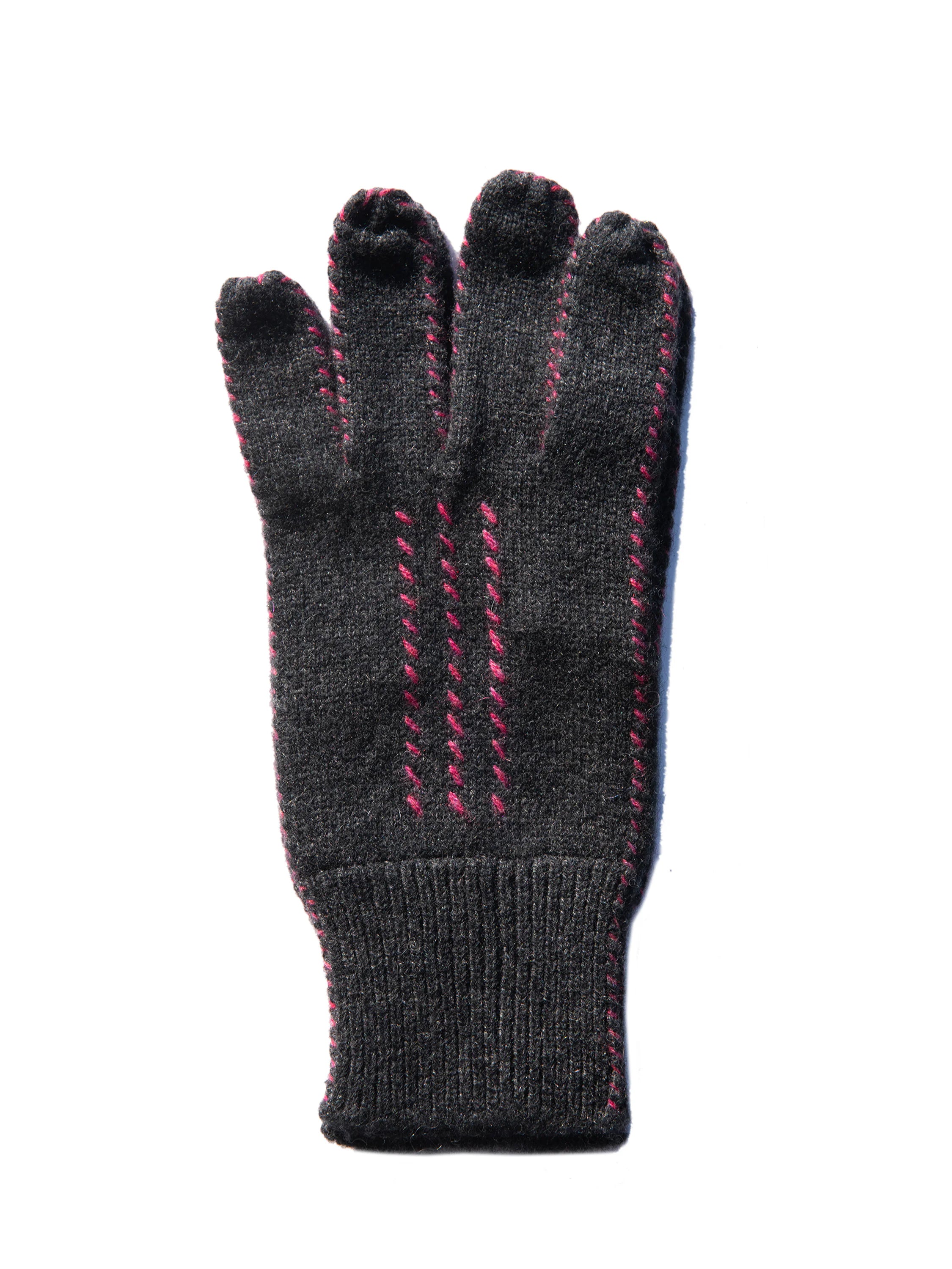 Charcoal cashmere glove with fuchsia dashed stitching on fingers & hand, ribbed cuff.