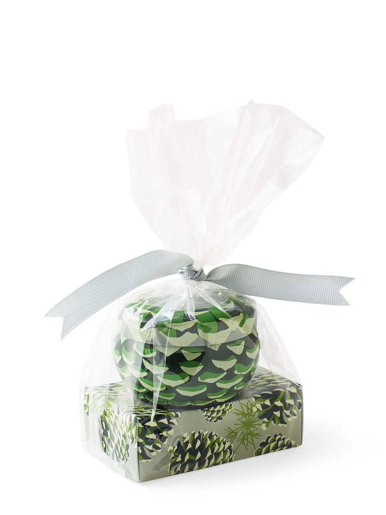 Green and dark gray pinecone pattern on round candle tin and rectangular soap box, wrapped in clear plastic with gray ribbon.