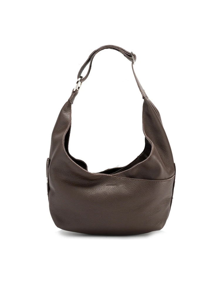 Dark brown pebbled leather hobo bag with a slouchy shape, adjustable shoulder strap, and silver-tone hardware.