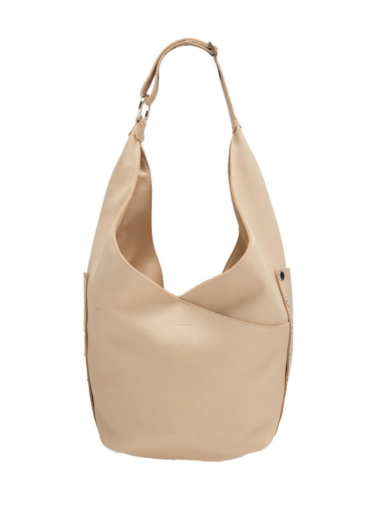 Pebbled light beige hobo bag with silver side studs and a single shoulder strap.