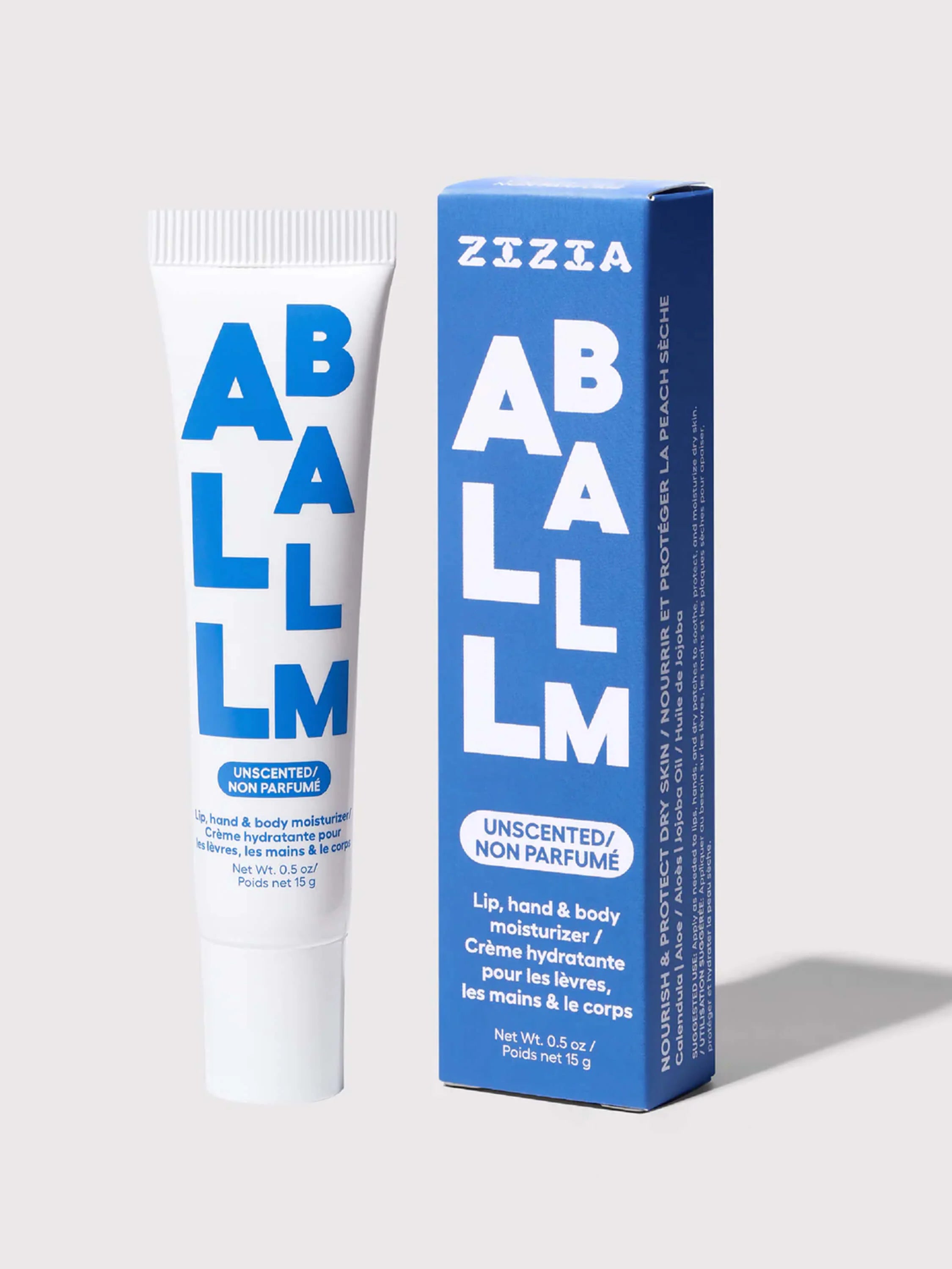 White tube with blue "ABALLM," blue box with white "ABALLM." Unscented label.
