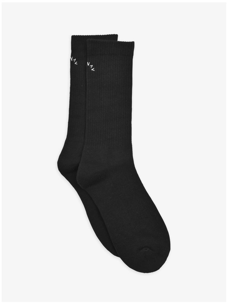 A pair of black ribbed socks with small white V logos embroidered on the cuffs.