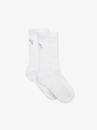 Pair of white crew socks, with a light brown embroidered 'VAL' logo on the ribbed cuff of each sock.