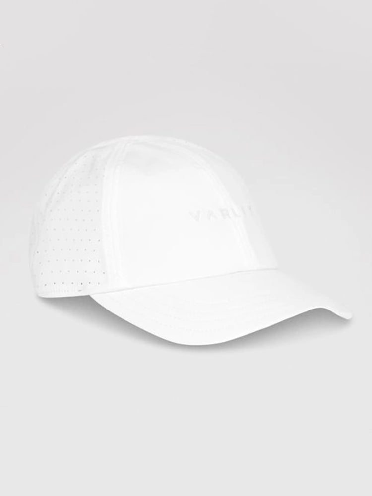 White baseball cap with perforated sides, "VARLEY" logo embroidered on front.