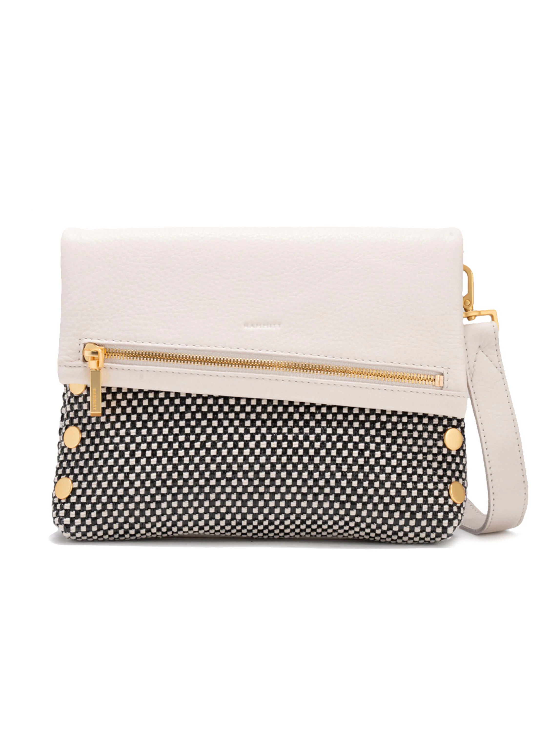 Off-white leather top, black and white woven checkerboard bottom. Gold zipper across front, gold stud details.
