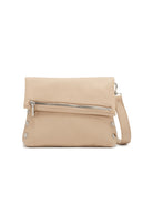 Pale tan pebbled leather bag with a folded top, diagonal silver zipper, silver studs, and a matching detachable strap.
