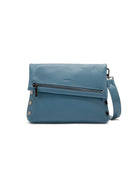 Medium dusty blue pebbled leather bag with a fold-over flap, silver front zipper, side rivets, and detachable strap.