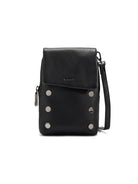 Hammitt black pebbled leather crossbody with top flap, silver hardware, and front studs.