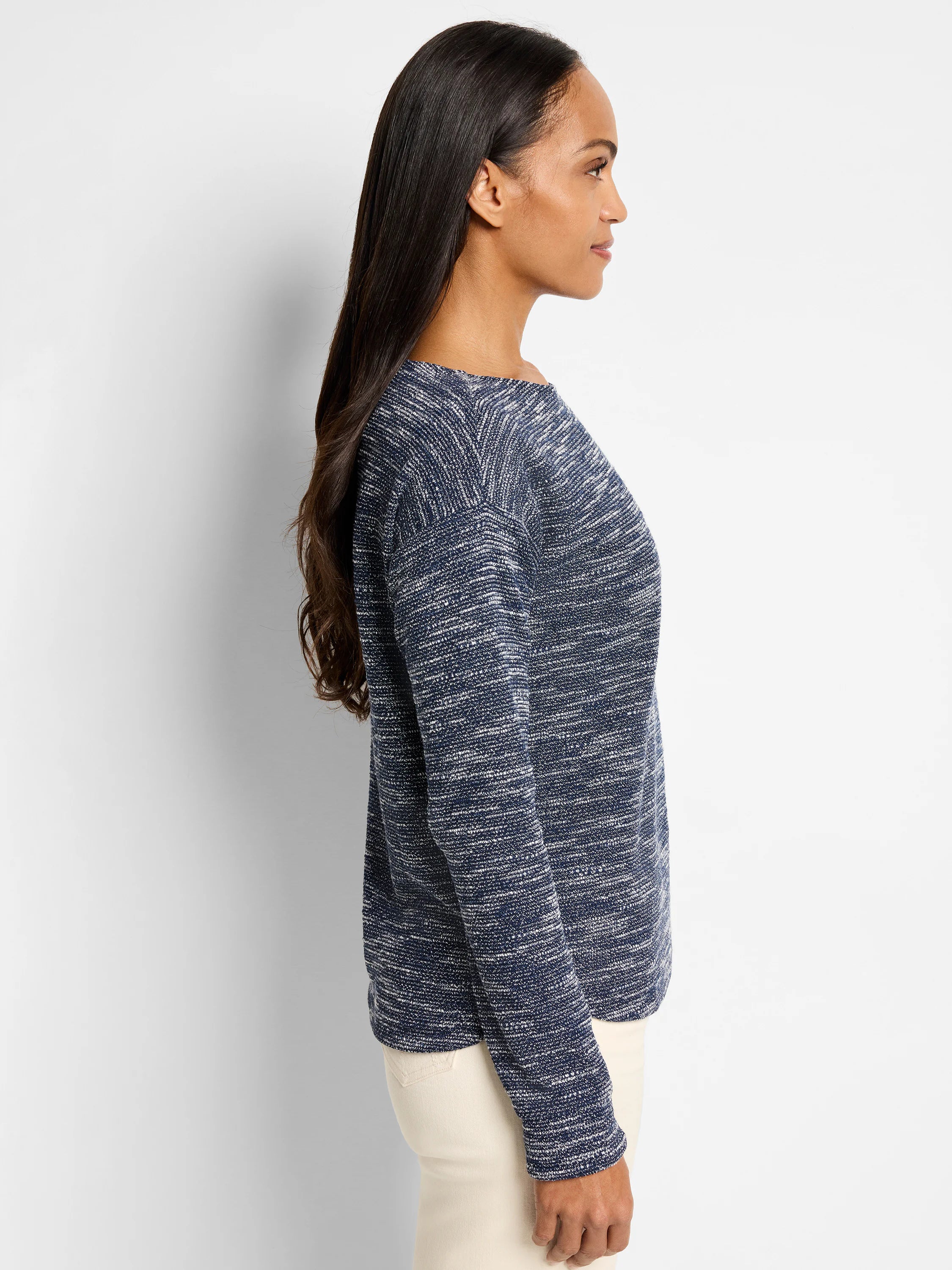 Indigo and white speckled long-sleeve knit top with boat neck.