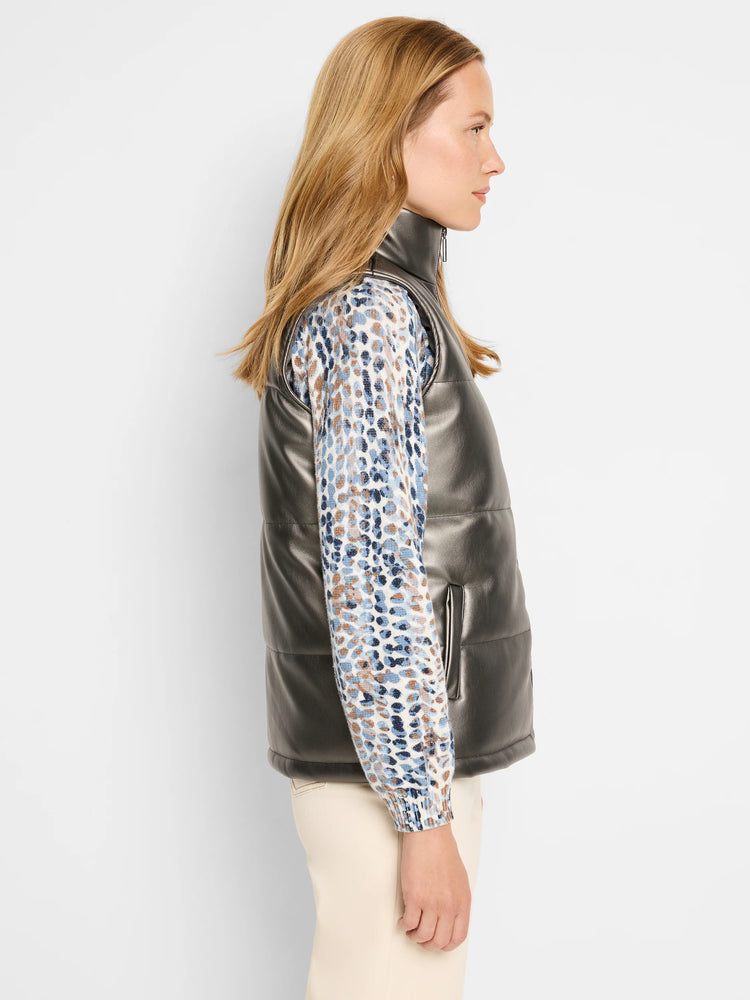 Metallic gunmetal gray puffer vest. Sleeveless, stand collar, zipper closure.
