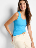 Bright blue ribbed knit scoop neck tank top.