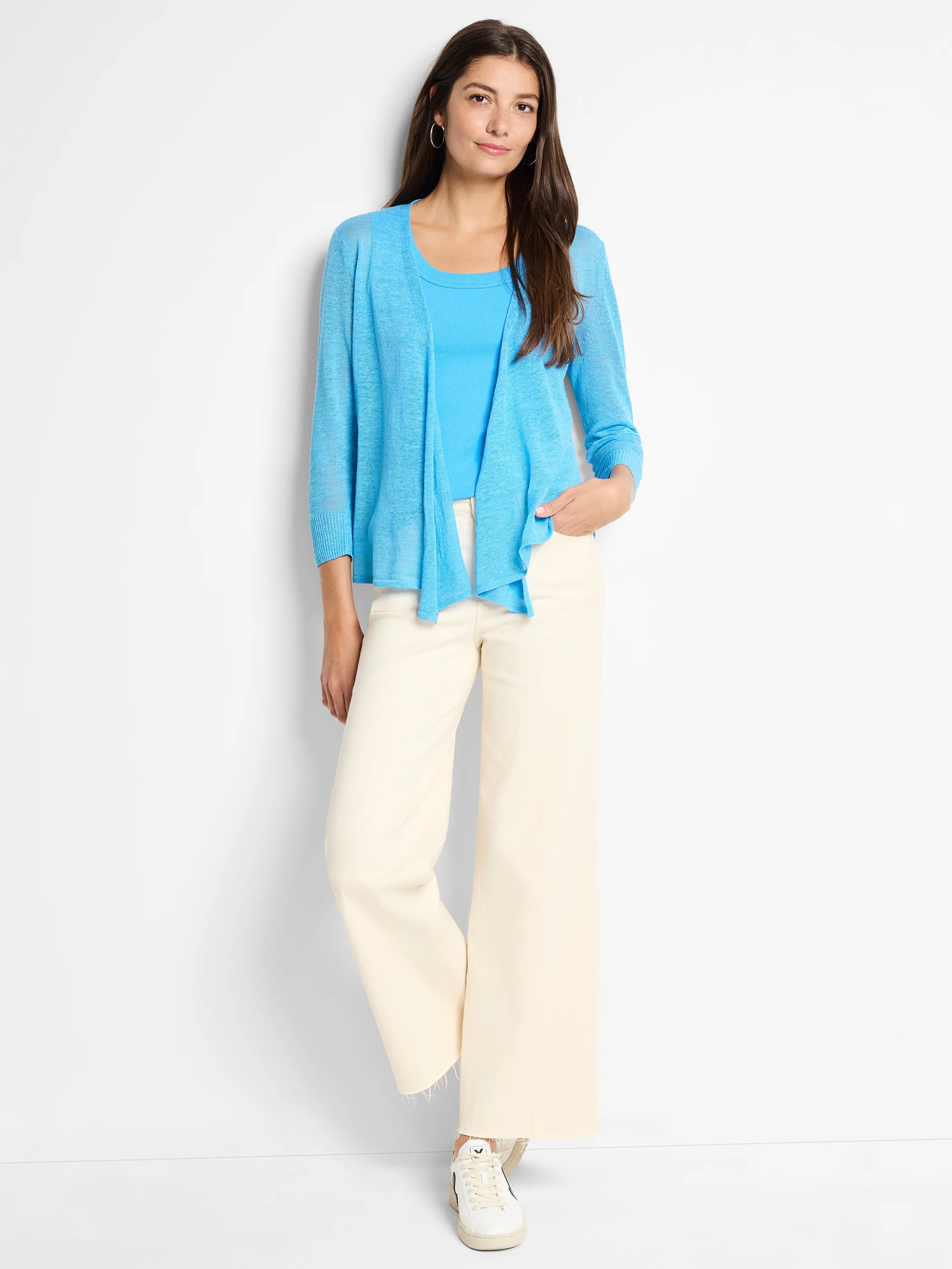 Bright blue rib-knit scoop neck tank top.