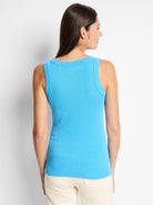 Bright blue rib knit scoop tank, shown from back. Features a rounded back neckline and fine vertical texture.