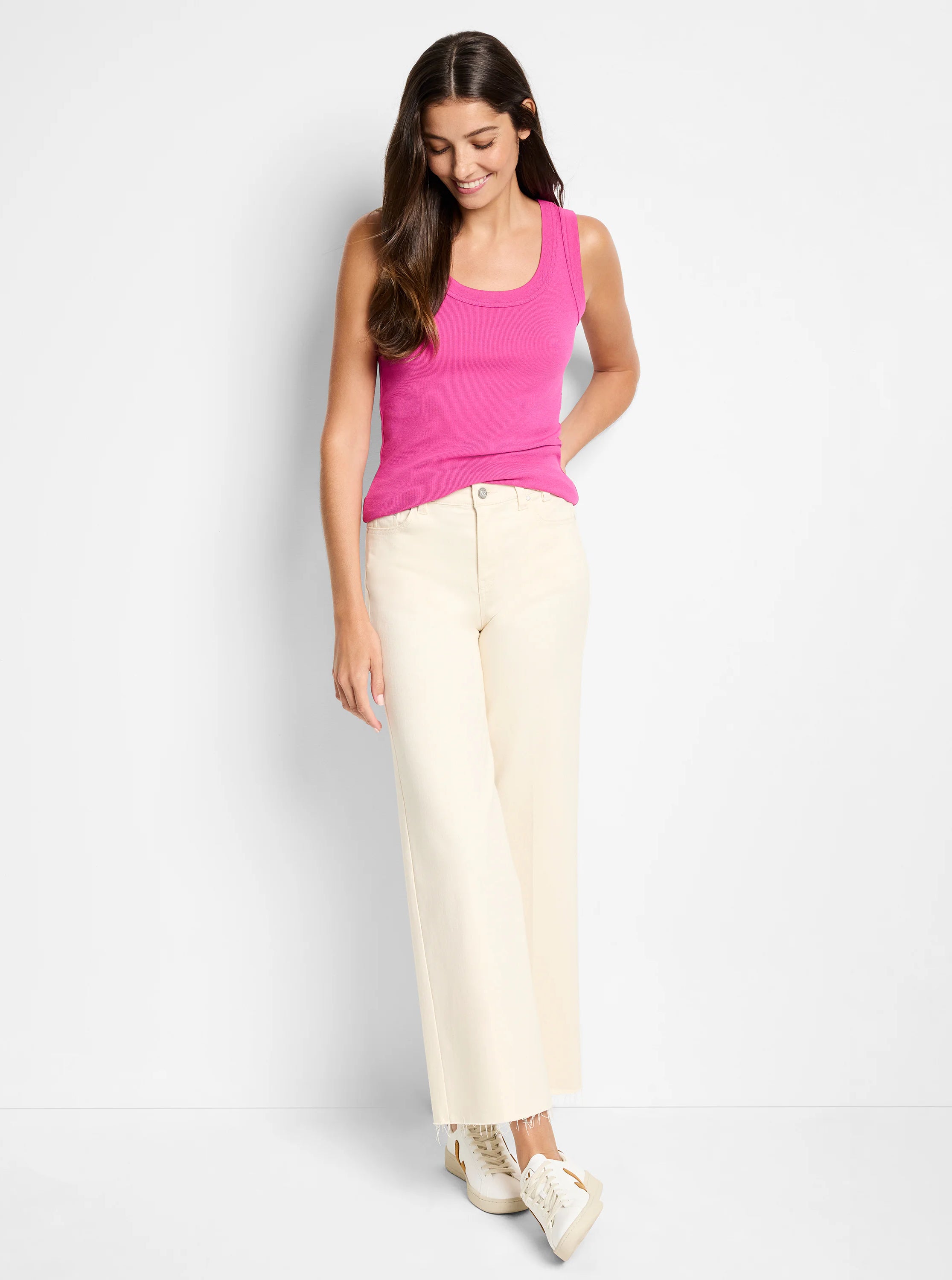 Fitted hot pink ribbed knit scoop neck tank top.