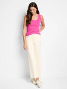 Fitted hot pink ribbed knit scoop neck tank top.