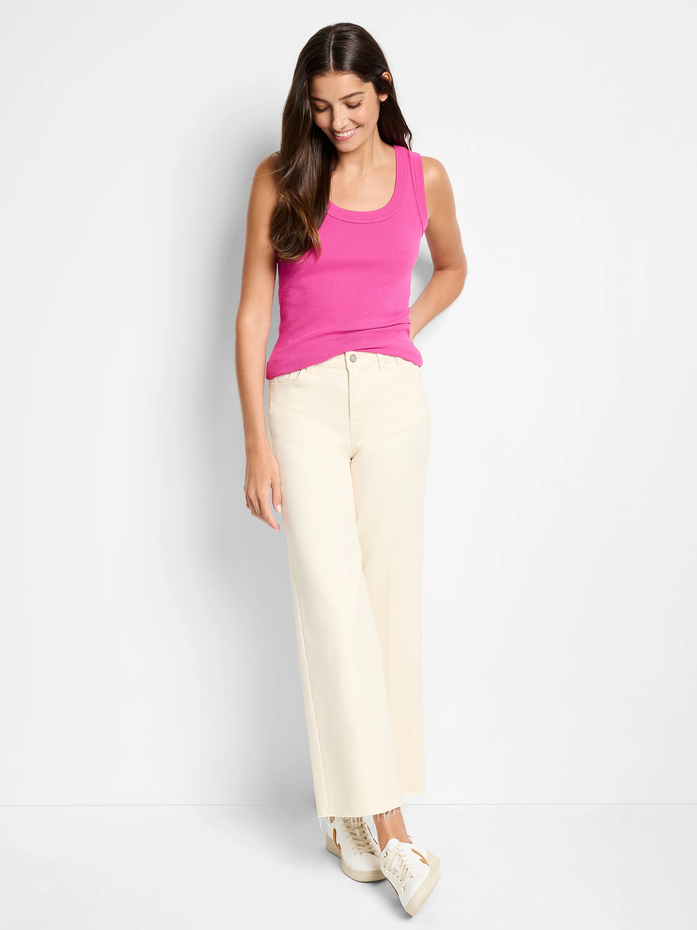 Fitted hot pink ribbed knit scoop neck tank top.