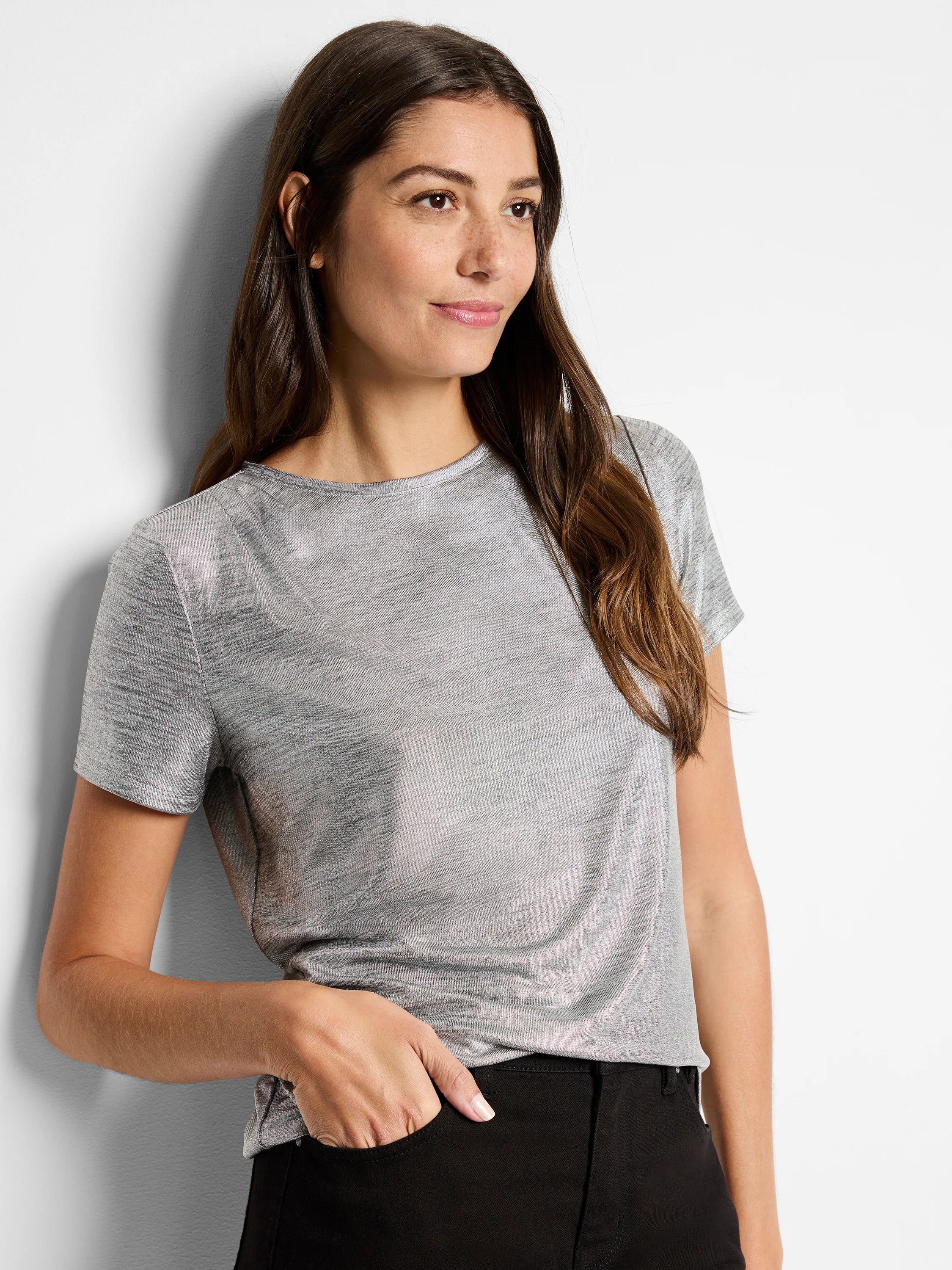 Silver metallic short-sleeved crew neck t-shirt.