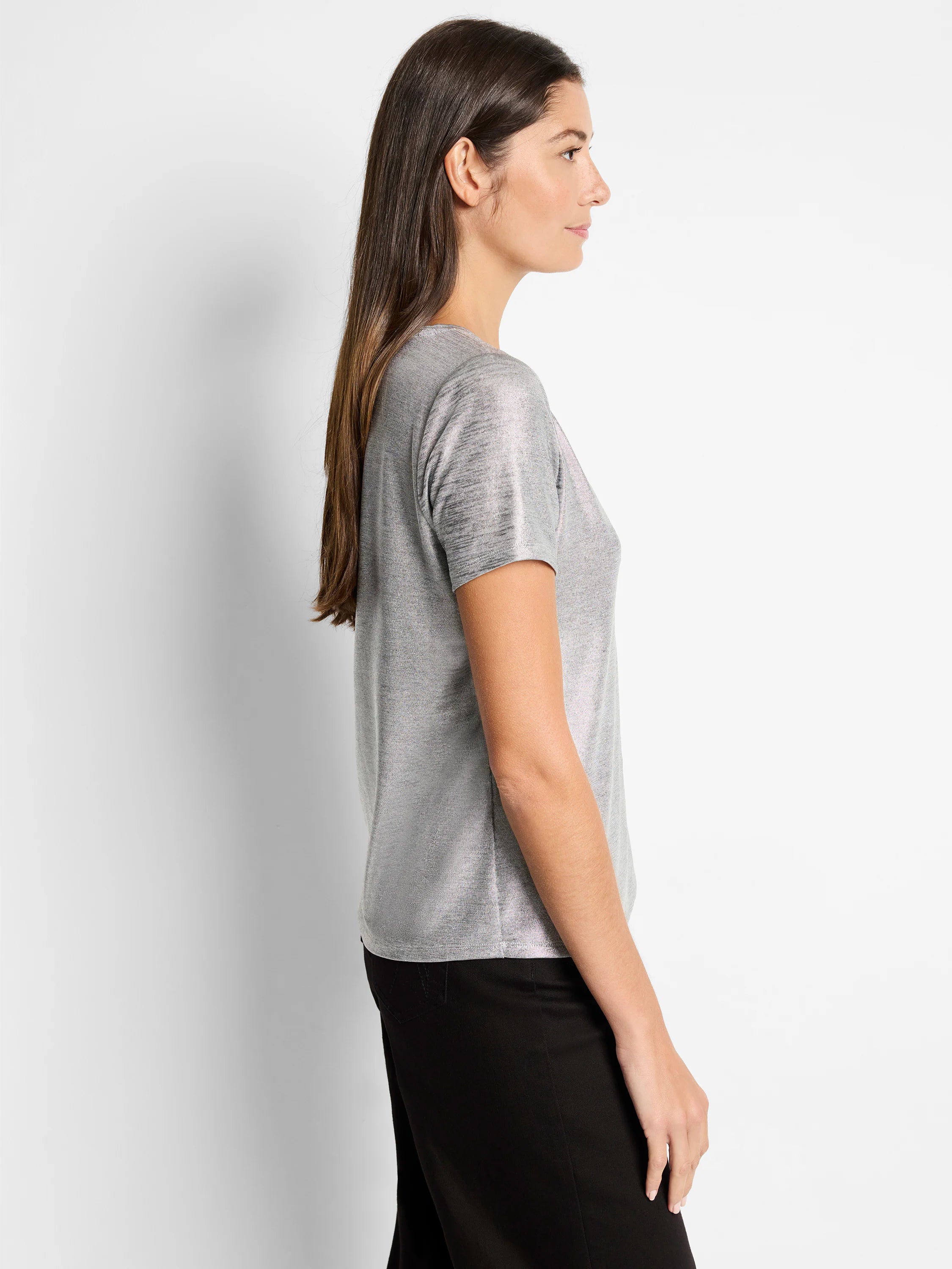 Silver metallic short-sleeved t-shirt. Slight sheen. V-neck.