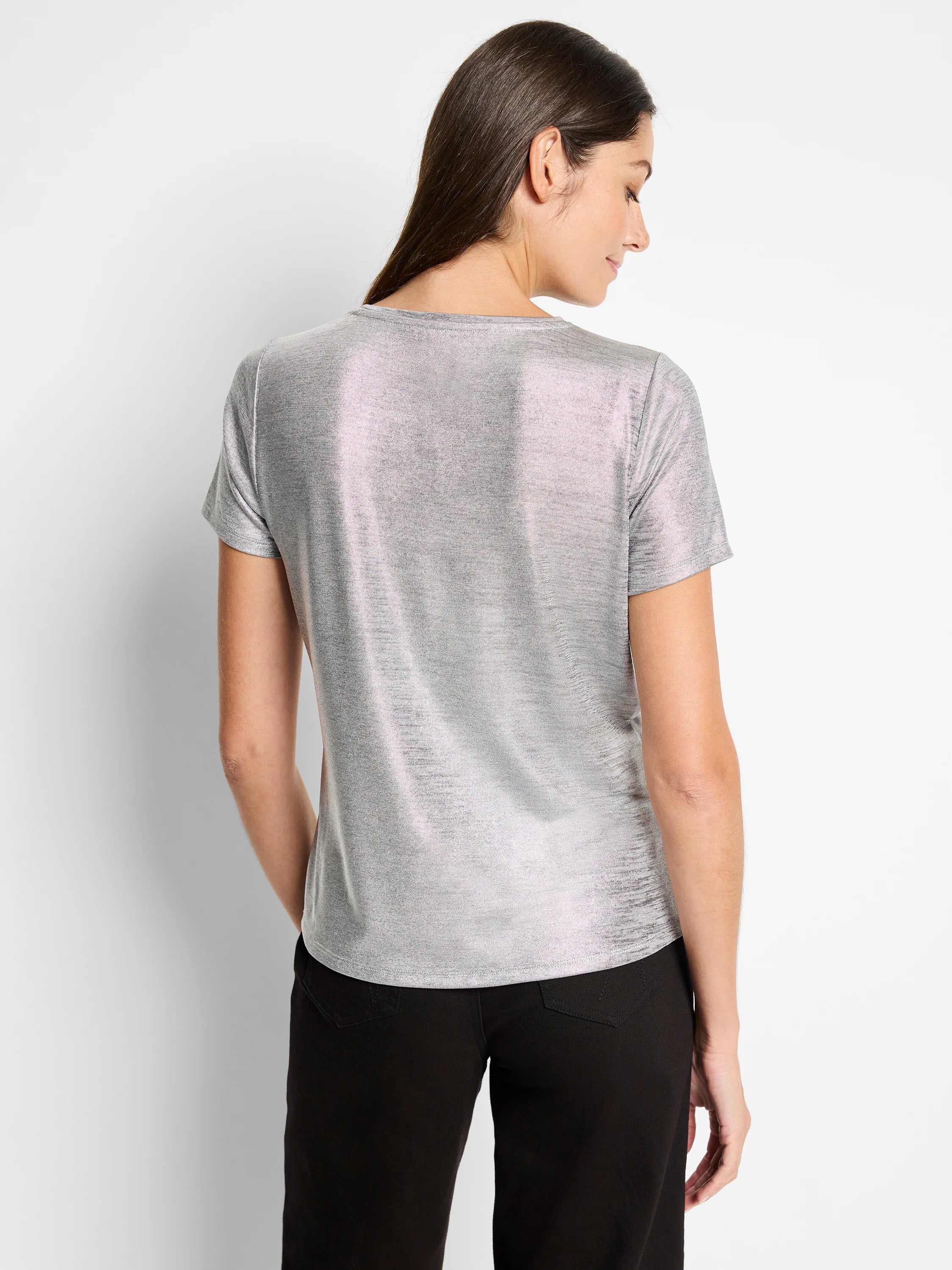 Silver metallic short-sleeved tee. Back view shows subtle texture.
