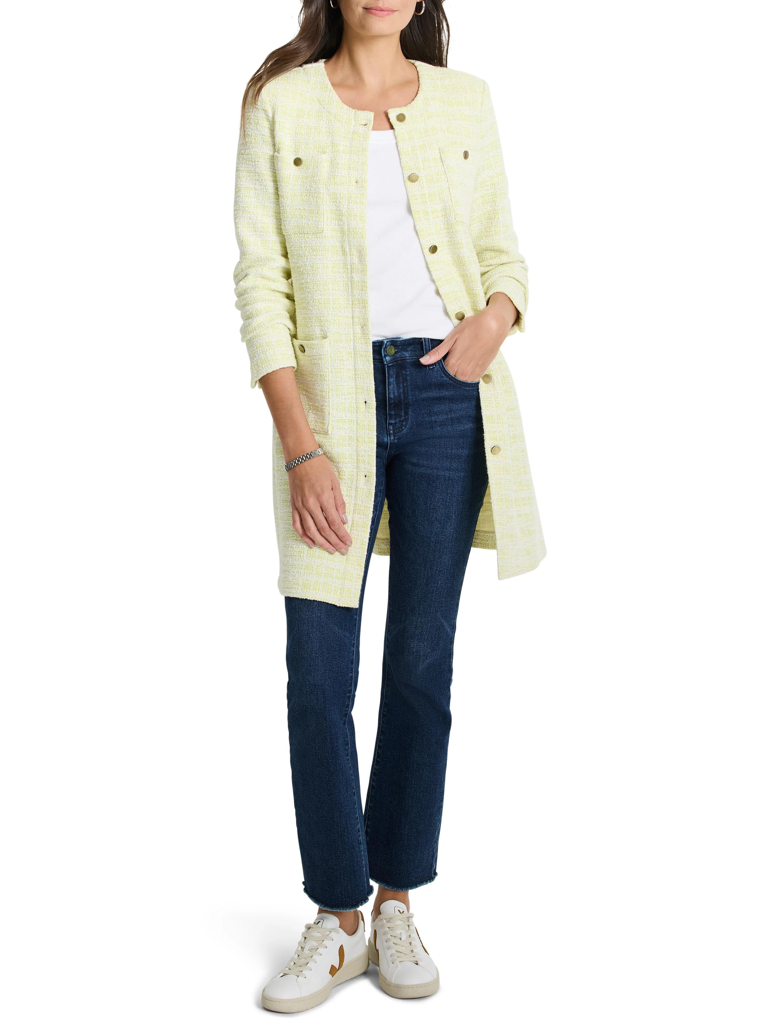 Pale yellow knit jacket with white flecks, gold buttons, and patch pockets.