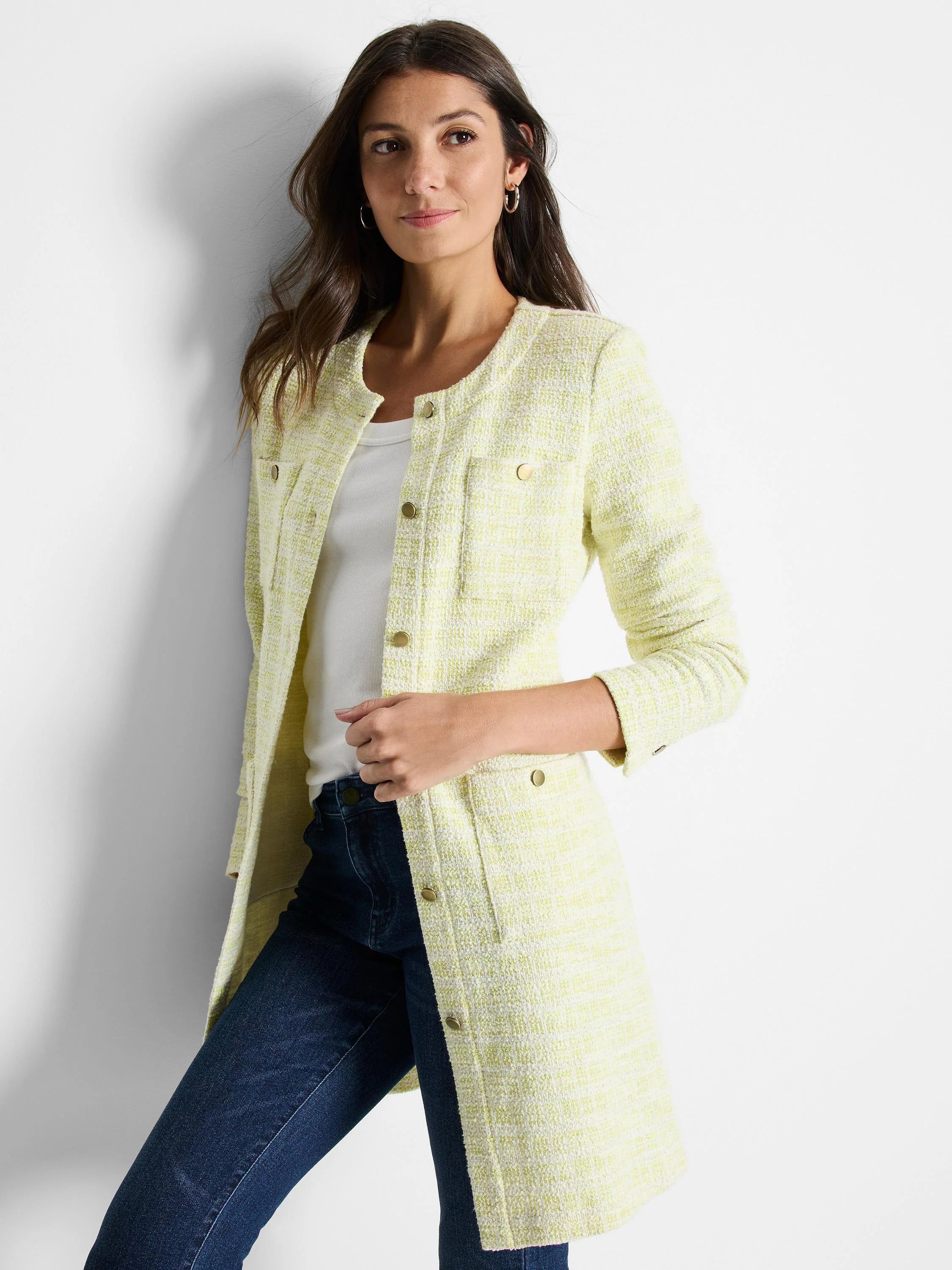 Pale yellow textured knit jacket with gold buttons, long sleeves, and pockets.
