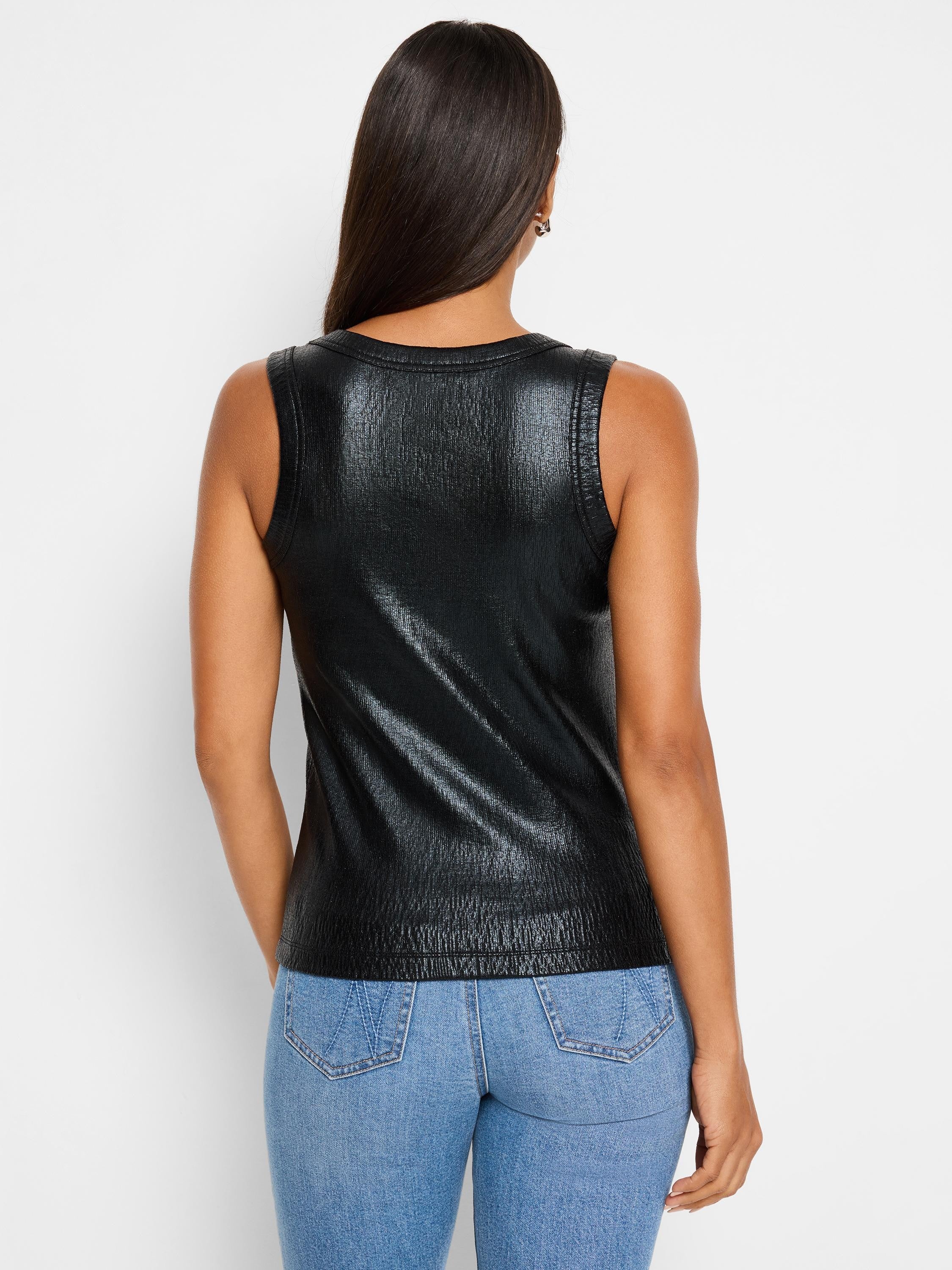 Black sleeveless ribbed tank top with subtle sheen. Back view.